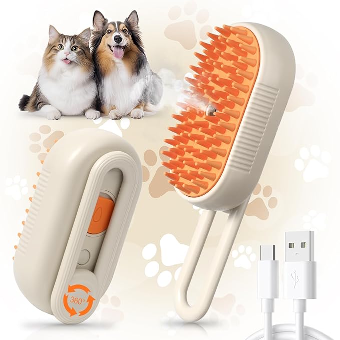 Pet Steam Brush, Rechargeable Cat Steam Brush for Shedding, 2025 New & 4 in 1 Pet Spray Hair Removal Comb with Anti-Static,Massage, Cleaning, Shedding & Combing All In One! (Khaki)