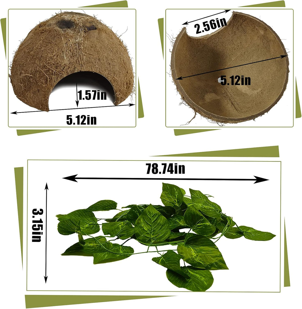 Hamiledyi Reptile Hideouts Natural Coconut Shells Hut Hermit Crab Climbing Toys Gecko Hide Cave Lizard Habitat Decor Plant Leaves Decoration for Spider Snake Chameleon (4Pcs)