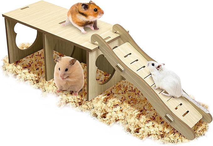 Tfwadmx Wooden Small Animal Hideout & Ramp - Hamster Tunnel System with Climbing Ladder, Peep Shed and Digging Chambers for Mice, Dwarf Hamsters