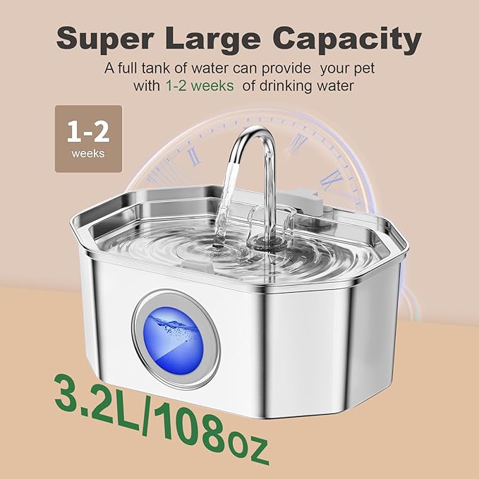 Cat Water Fountain Stainless Steel 108oz/3.2L, APAUK Automatic Pet Fountain Dog Water Dispenser with Water Level Window, Quiet Cat Fountain for Drinking, Inside with Replacement(4 Filters&4 Sponges)