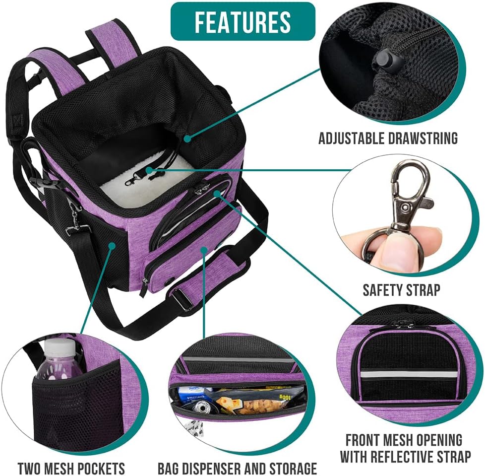 PetAmi Dog Bike Basket, Soft-Sided Ventilated Dog Bike Carrier Backpack, Pet Bicycle Basket for Bike Handlebar, Small Medium Puppy Cat Kitten Car Booster Seat with Safety Strap, Max 18 lbs, Purple