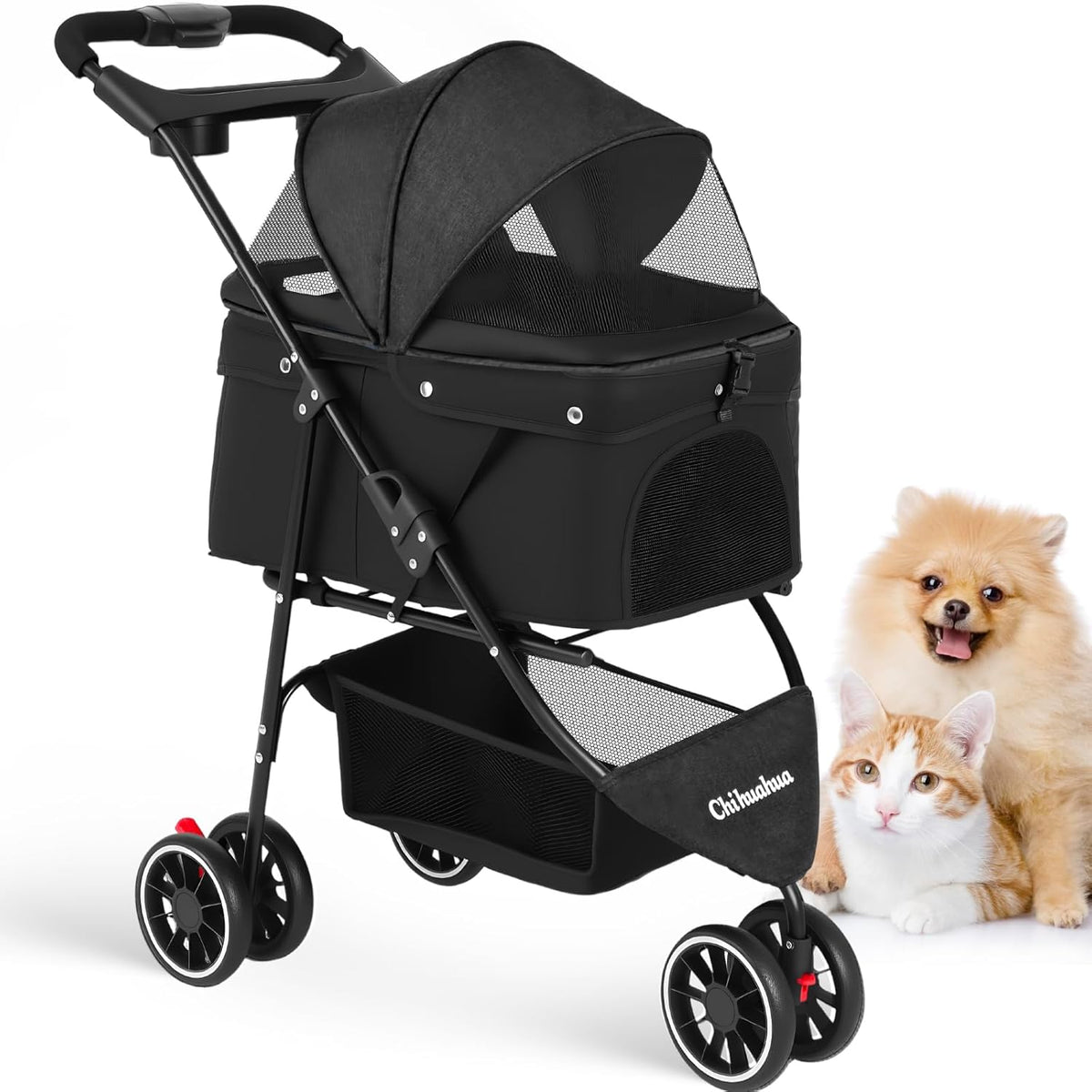 Pet Stroller,Dog Stroller for Small Medium Dogs Cats,3 Wheels,Foldable,with Breathable Mesh Canopy,Cup Holders,Easy Assembly,Black