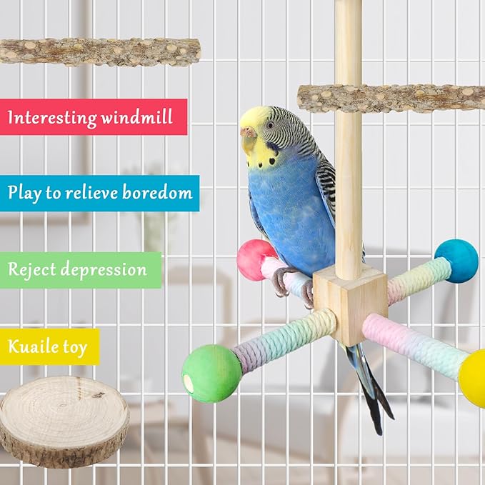 Bird Stand Perch Toy, Parrot 360° Interactive Rotating Parakeet Toys, Wooden Bird Cage Accessories Exercise Wheel Parrot Budgie Toys, Suitable for Cockatiels Lovebirds Conures Finches