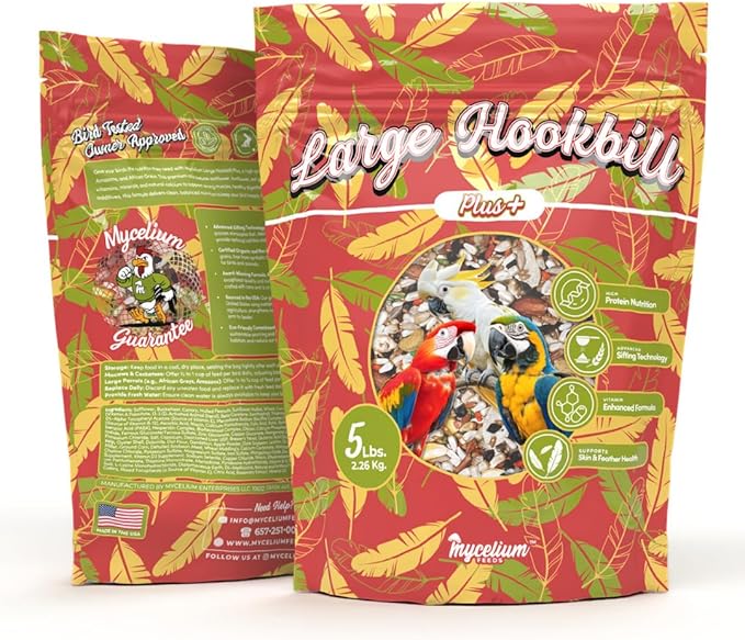 Mycelium Organic Large Hookbill Plus Bird Food (5 LB Bag) | Premium Daily Bird Seed for Macaws, Cockatoos, & Amazons | High-Protein, Vitamin-Fortified Skin & Feather Support | Non-GMO & USA-Made