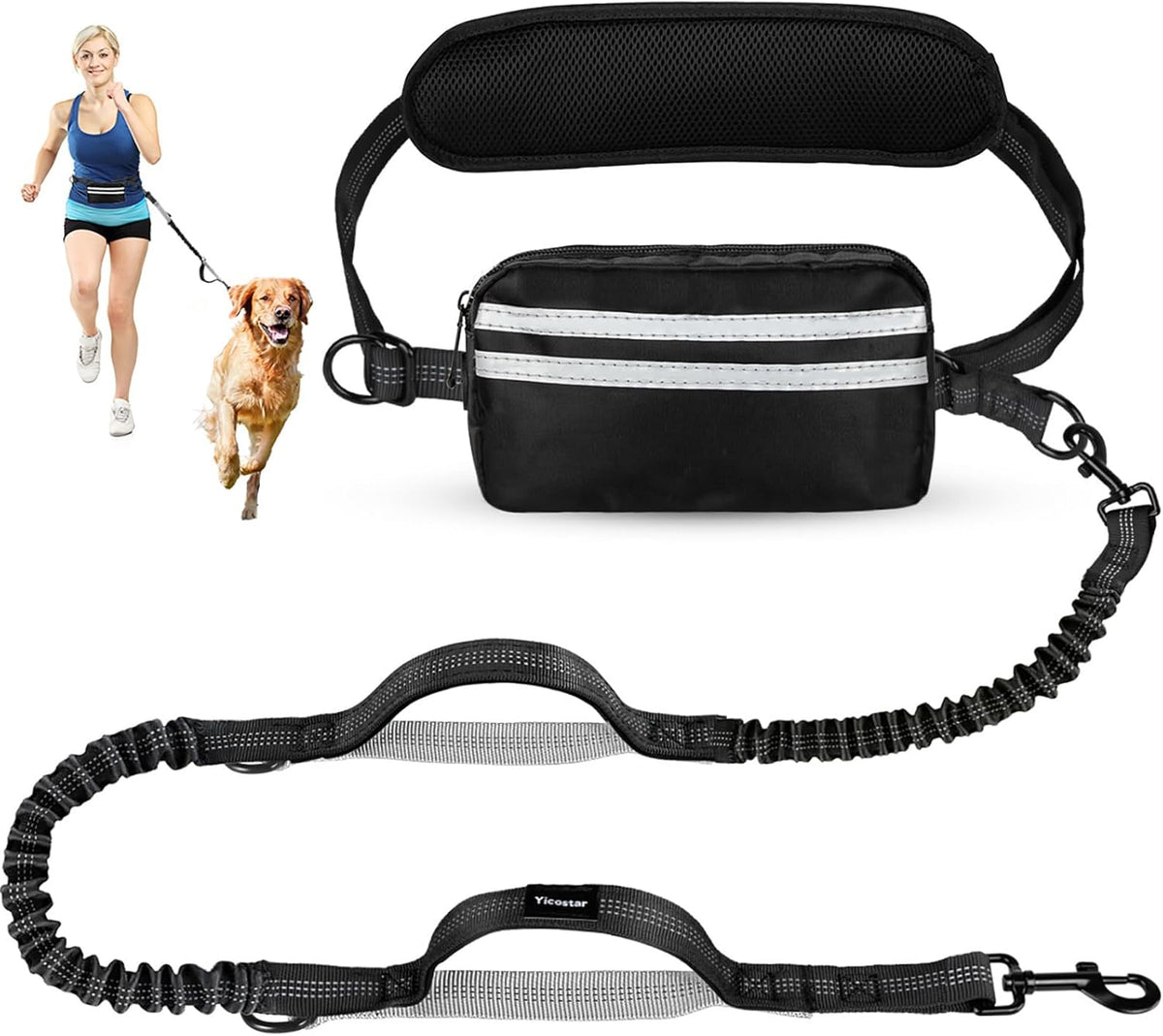 Hands Free Dog Leash, Adjustable Waist Belt with Double Padded Handles, Retractable Bungee for Medium & Large Dogs, Waist Leash for Dog Walking, Running, No Pull, Black