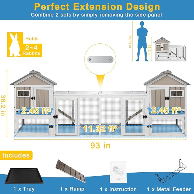48" L Rabbit Hutch Outdoor Indoor Bunny Hutch Weatherproof, 2-Story Wood Rabbit Cage with Deep Tray, Chew-Resistant Ramp, UV Roof, Bunny House for Small Animal, Expandable Guinea Pig Cage