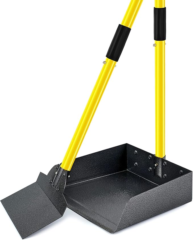 Pooper Scooper for Large Dogs, Adjustable Long Handle Metal Tray and Spade Poop Scooper for Dogs with Bin for Pet Waste Removal, No Bending Clean Up Pooper Scooper for Medium and Large Dogs