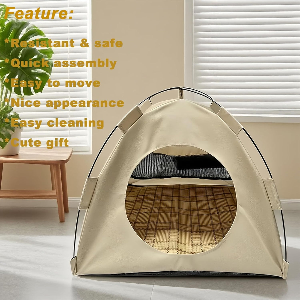 BreezyDen Pop-Up Pet Tent – Portable Hideaway for Cats & Small Dogs, Portable Indoor/Outdoor Pet Tent House with Mesh Window, Waterproof, Breathable, Scratch-Resistant, Fully Washable (Beige,M)