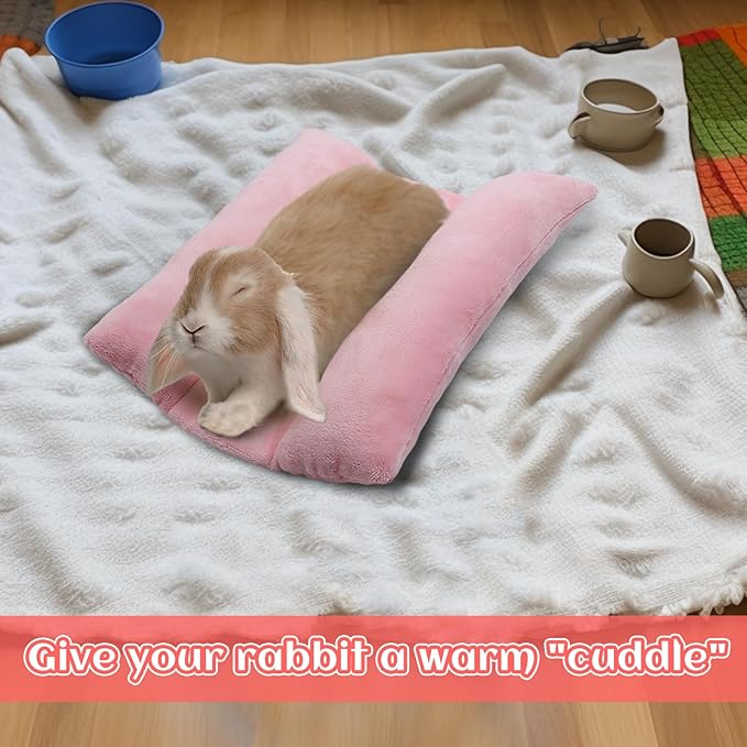 MEWTOGO 15.7 x 14In Rabbit Bed, Thickened Soft Bunny Bed, Cuddle Cushion Plush Mat with Cotton Lounger Pillows, Small Pet Flop Mat for Cage Sleeping Indoor, Pink