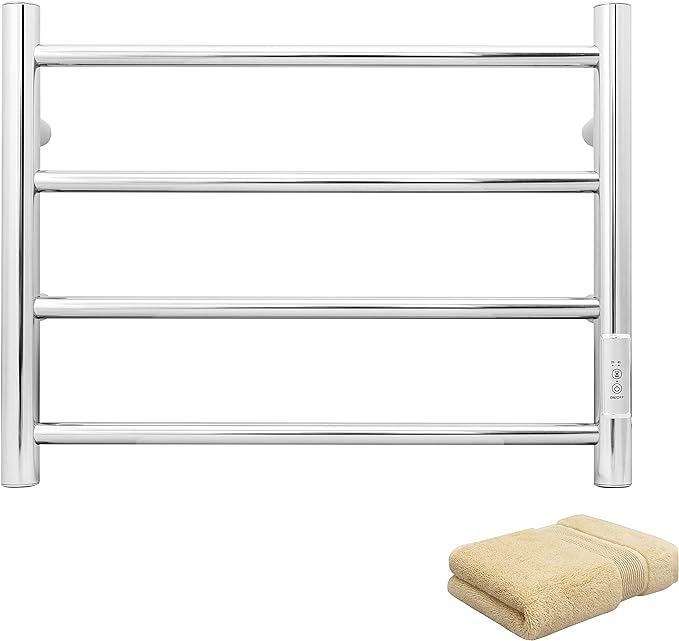 KEG Towel Warmer Wall Mounted with Built-in Timer 4 Bars Electric Stainless Steel Heated Towel Racks for Bathroom, Hot Plug-in Bath Towel Heater Polish Chrome