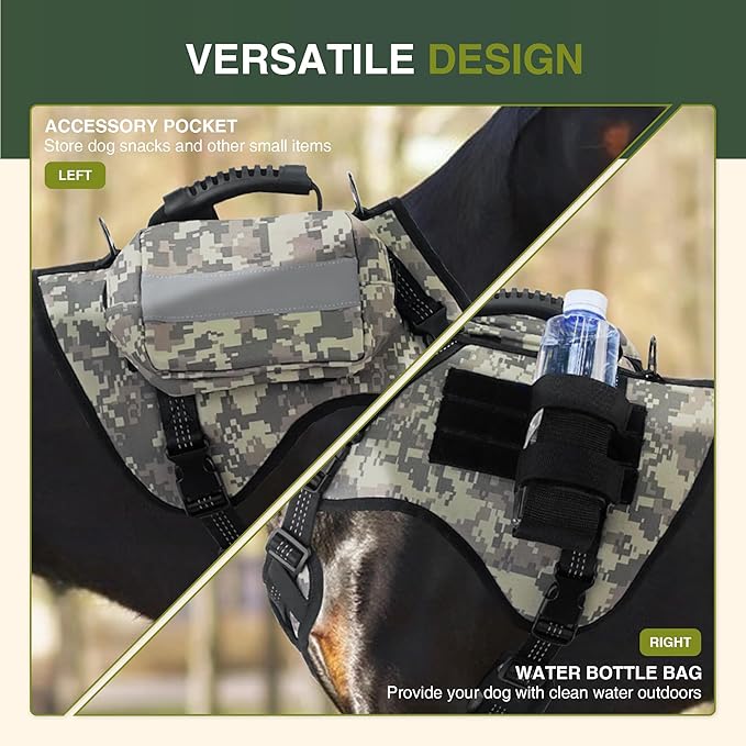 Dog Tactical Harness with Reflective Design, Breathable and Adjustable Tactical Dog Vest, No Choke Harness, Military Grade Gear for Training, Hunting, Outdoor Adventures, Camouflage L