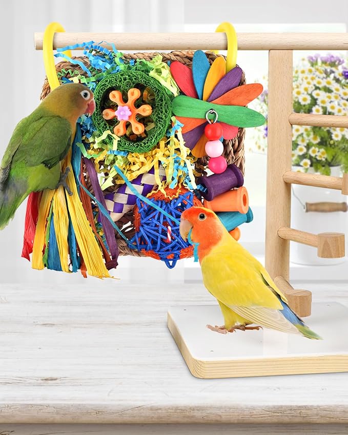 ERKOON Bird Cockatiel Toys Foraging Toys Hanging Parrot Toys for Lovebrid Parakeets Conures Bird Foraging Wall with Colorful Toys for Birds Shredding Seagrass, Birds Cage Toy Accessories