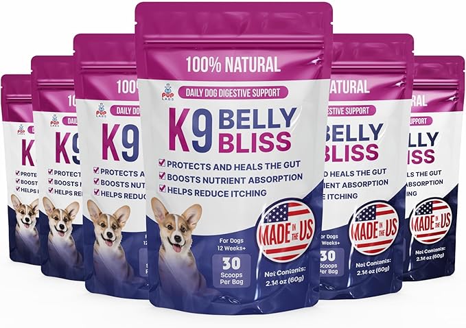 K9 Belly Bliss, All-Natural Gut Health for Dogs, Vet Approved Prebiotic for Dogs for Daily Digestive Support & Dog Constipation Relief, Topper for Dry & Wet Food, 6 Pack with 30 Scoops Each.