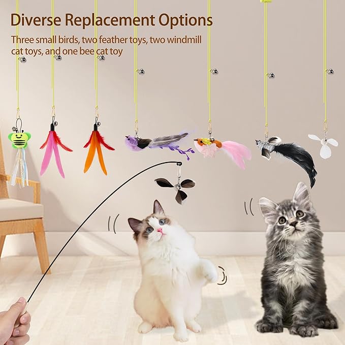 Flying Bird Cat Toy,8Pcs Durable Interactive Cats Wand Replacements,Hanging Cat Toy Suitable for Bored Indoor Cats Self Play