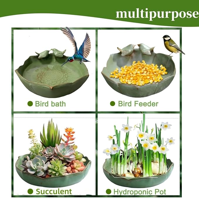 Bird Bath for Outside on Ground, 10 in Ceramic Birds Bath Bowl, Handmade Ground Bird Feeders and birdbath for Outdoors for Outdoors, Garden, Tabletop, Balcony and Lawn (Big - shallow)