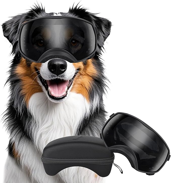 Dog Sunglasses UV Protection Clear Dog Goggles Windproof Glasses with Elastic Straps for Medium-Large Breed, Black Frame + Black Lens