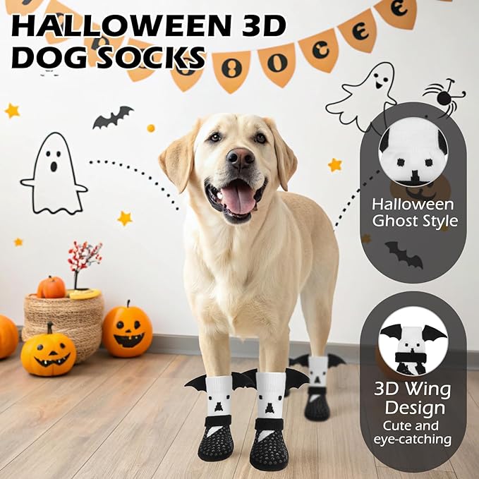 EXPAWLORER Halloween Anti Slip Dog Socks to Prevent Licking Paws, Boots & Paw Protectors with Grippers,Doggie Booties for Hardwood Floors for Small Medium Large Senior Dogs Costume White Ghost Wings L