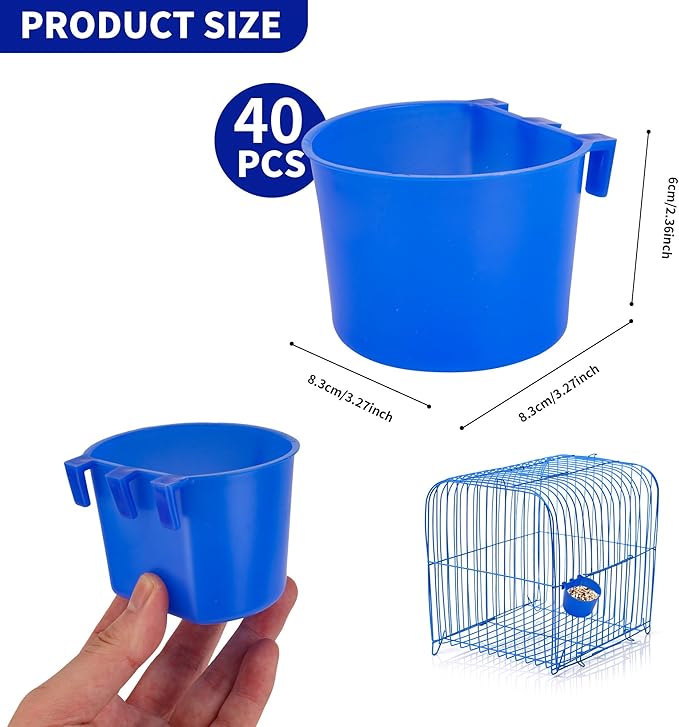 40 Pcs Cage Cups Birds Feeders Bird Water Dispenser Hanging Quail Waterer Plastic Chicken Feeding Watering Dish for Small Coop Parrot Parakeet PET Poultry Pigeon Gamefowl Food Seed Bowl Supplies(Blue)