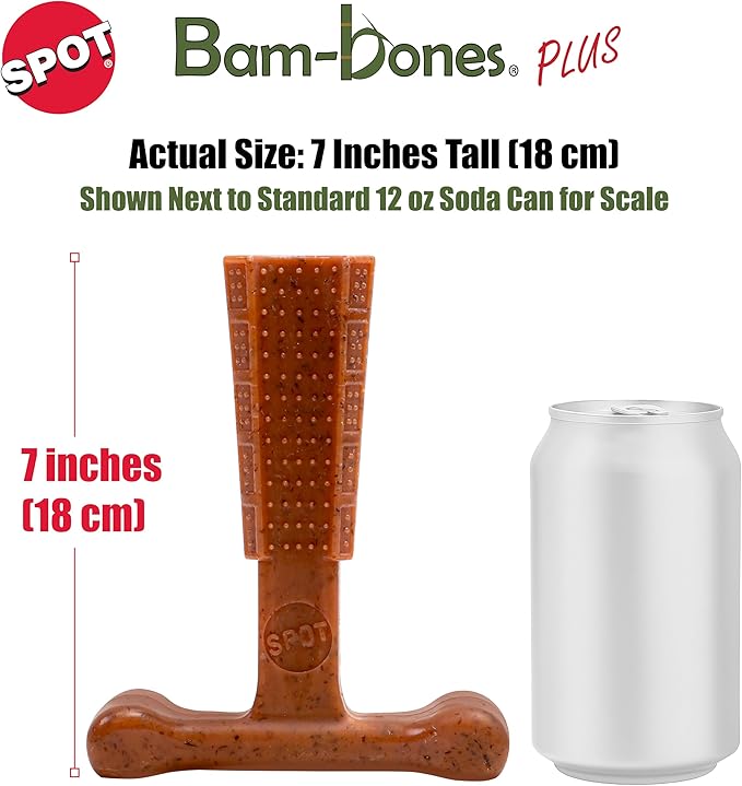 SPOT Bam-Bones Plus T Bone - Bamboo Fiber & Nylon Dog Chew Toy for Moderate to Aggressive Chewers, Non-Splintering, Long-Lasting, 7in Beef Flavor, for Adult Dogs & Teething Puppies Under 90lbs
