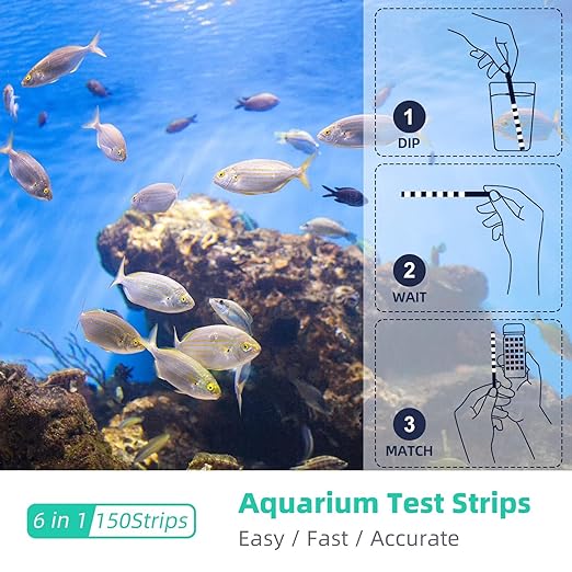 6 in 1 Aquarium Test Strips, 150 Strips Aquarium Water Test Kit for Fish Tanks & Ponds, Accurate Test Monitoring, Nitrate, Nitrite, Chlorine, Carbonate, Hardness, pH
