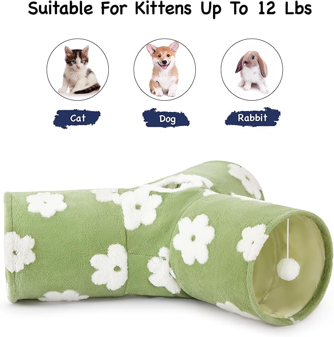 Tempcore Flannel Pet Cat Tunnel Tube Cat Toys 3 Way Collapsible, Cat Tunnels for Indoor Cats，Kitty Tunnel Bored Pet Toys Peek Hole Toy Ball Puppy, Kitty, Kitten, Rabbit Daisy Green