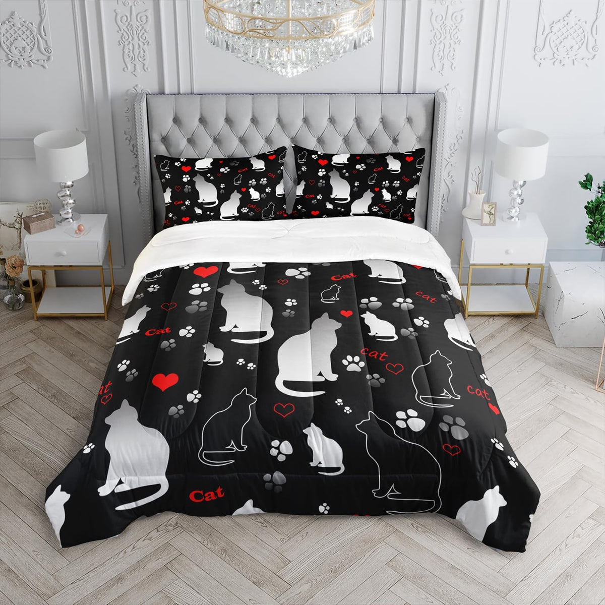 Kawaii Cat Animal Themed Comforter Set 3Pcs Twin Black White Pet Cat Bedding Set for Kid Teen Girl Boy Adult Room Decor Cartoon Cat Paw Heart Pattern Quilt with 1 Comforter and 2 Pillowcases