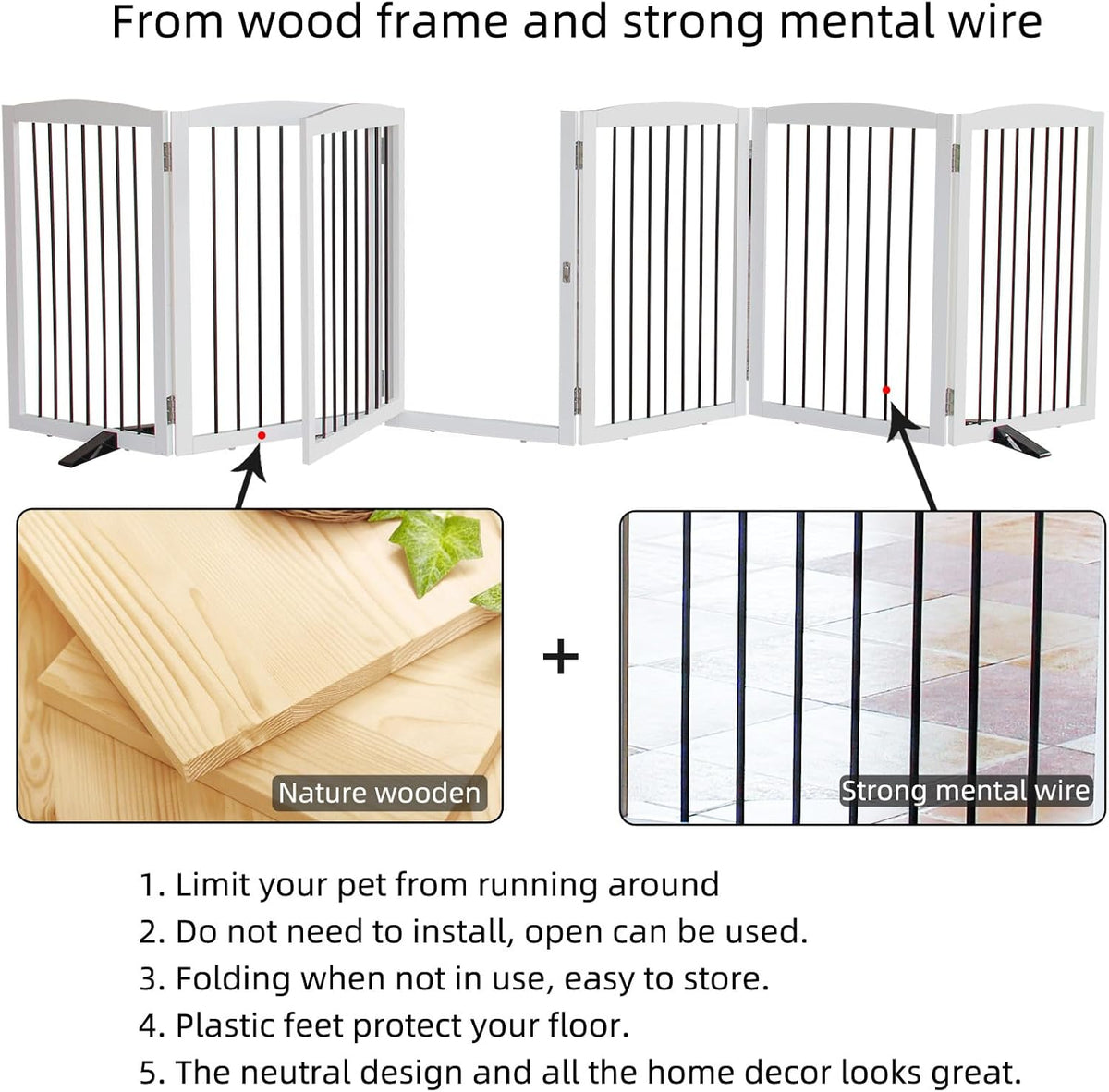ZJSF Foldable Indoor Dog Door with Walk Through Door, Freestanding Pet Door for The House,Doorways, Stairs, Pet Puppy Safety Fence with Support Feet, White 6 Panels 120" Wide 32''Height