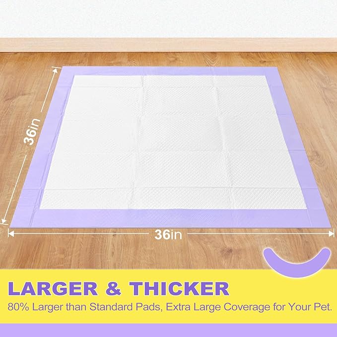 MIZOK Dog Pee Pads 36x36in, Extra Large Pee Pads for Dogs, Keeps Fresh & Clean, Ultra Absorbent Up to 11 Cups, 6 Layers Leak-Proof, Purple Lavender Color (30 Counts)