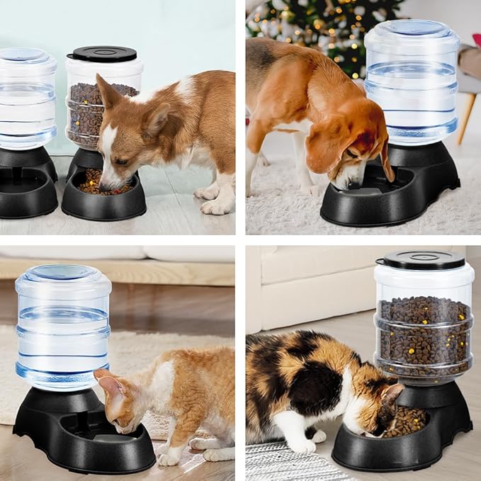 2 Pack Automatic Cat Feeder and Water Dispenser in Set Pet Food Bowl for Small Medium Dog Pets Puppy Kitten Big Capacity 1 Gallon x 2 (Dark Black)