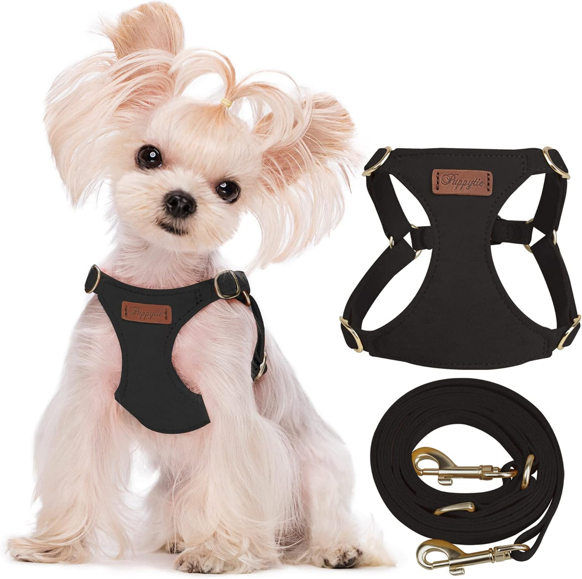 Puppytie No Pull XXS Puppy Harness with Multifunction Dog Leash,Soft Adjustable No Choke Escape Proof Pet Harness Vest,Black,XXS