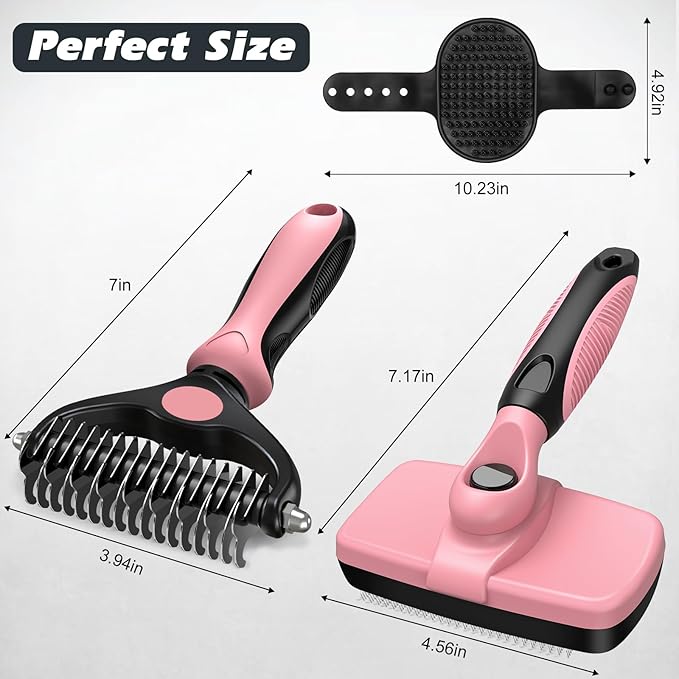 3PCS Self Cleaning Slicker Brush & Pet Grooming Rake & Bath Brush for Dogs,Cats and Horses | Double-Sided Dematting Comb & Skin Friendly Deshedding Grooming Tool | Pet Supplies (Light Pink Black)