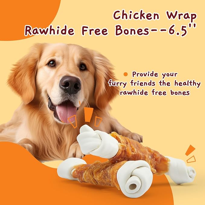 Jungle Calling Rawhide Free Dog Bones, 6.5" Real Chicken Wrapped Dog Chew Bones for Medium and Large Dogs Training Treats