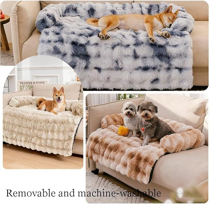 Dream Cloud Pet Sofa Bed for Dogs Cats, 2026 Washable Removable Calming Fluffy Plush Mat for Furniture Protector, Long Fur Non-Slip, for Small/Medium/Large Home Pets (Coffee, S：27.6 * 24in)