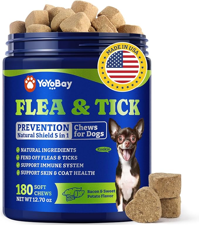 Flea & Tick Prevention for Dogs Chewables, YoYoBay Natural Dog Fleas and Ticks Control Supplement, Dogs Supplement, Natural Shield 5-in-1 Protection, Bacon & Sweet Potato Flavor, 180 Soft Chews