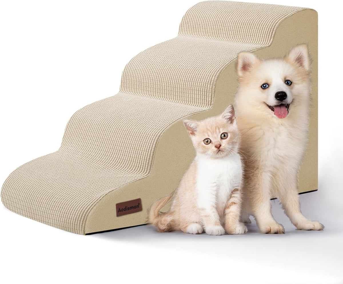 4-Step Dog Stairs and Ramp for Beds or Couches,Non-Slip Sturdy Pet Steps for Small Dogs and Cats,17.4" H,Beige