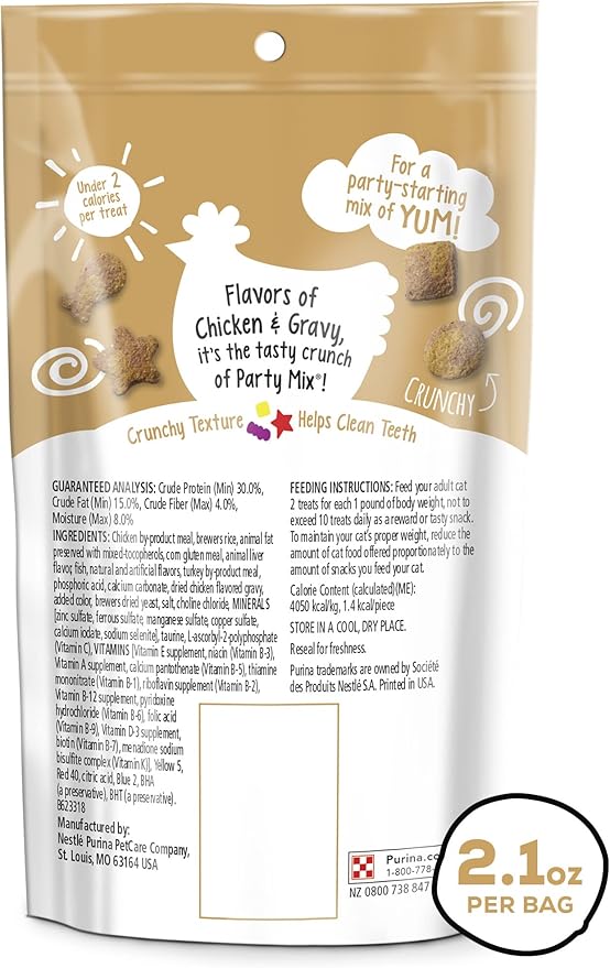 Purina Friskies Party Mix Cat Treats, Gravy-Licious Crunch with Chicken & Gravy Flavors, Crunchy Treats for Cats, 2.1 Ounce Resealable Pouch (Pack of 3)