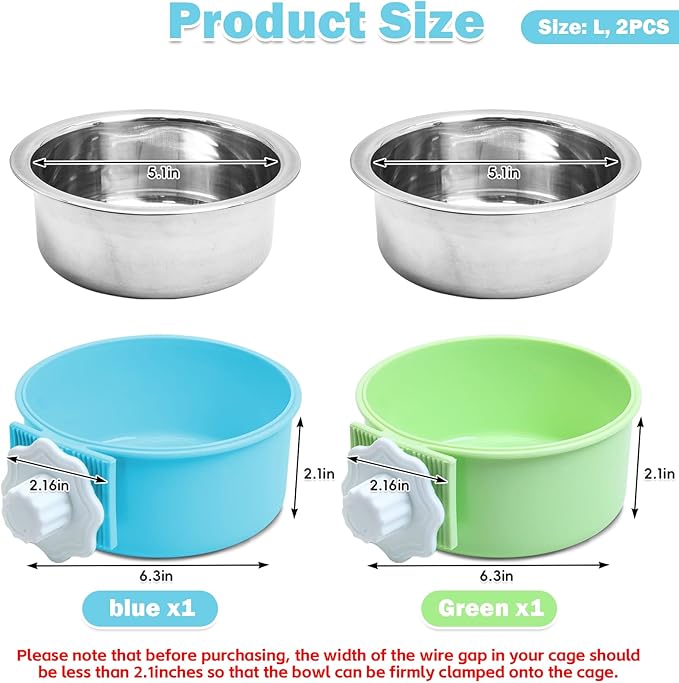 kathson Crate Dog Bowl 2pcs, Removable Stainless Steel Hanging Pet Kennel Cage Bowl Food & Water Feeder Coop Cup for Puppy, Cat, Rabbit, Guinea Pigs (2 PCS, Size: L, Blue and Green)