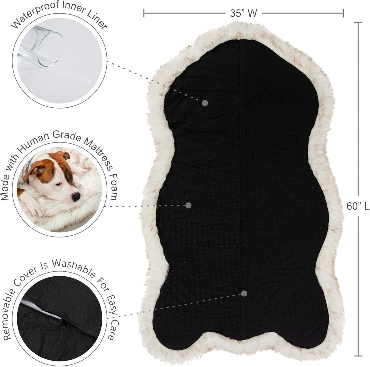 IHAPPYDOG Luxury Faux Fur Orthopedic Dog Bed, Memory Foam Dog Bed for Small, Medium, Large and XL Pets, Fluffy Pet Bed with Waterproof and Washable Cover (White w/Brown Tips, 60"x35")