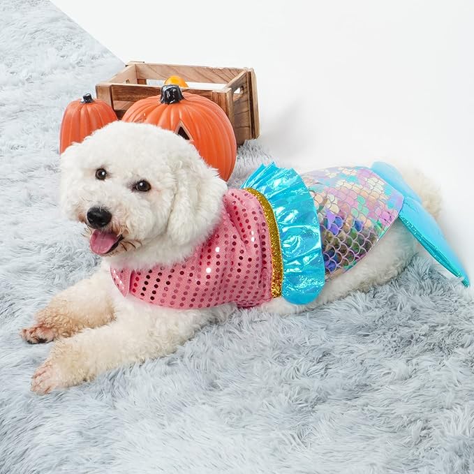 cyeollo Dog Costume Mermaid Costumes for Small Dogs Halloween Outfit Holiday Birthday Party Dog Clothes Outfits Sparkly Pet Costumes Size M