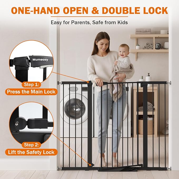 Mumeasy 36" Extra Tall Baby Gate for Stairs, 29.7-51" Wide Dog Gates Indoor for Doorways with Easy Walk Thru, Auto Close Pet Safety Gate for House, Pressure Mounted Metal Child Gate with Door, Black