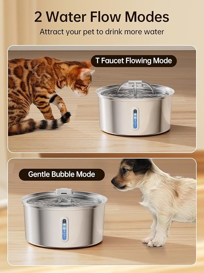 Cat Water Fountain Stainless Steel, 3.2L/108OZ Pet Water Fountain for Drinking,Automatic Metal Dog Water Fountain with 8 Filters & 8 Sponges,Quiet Pump,Dual-Stream for Cats, Dogs,Multiple Pets Indoor