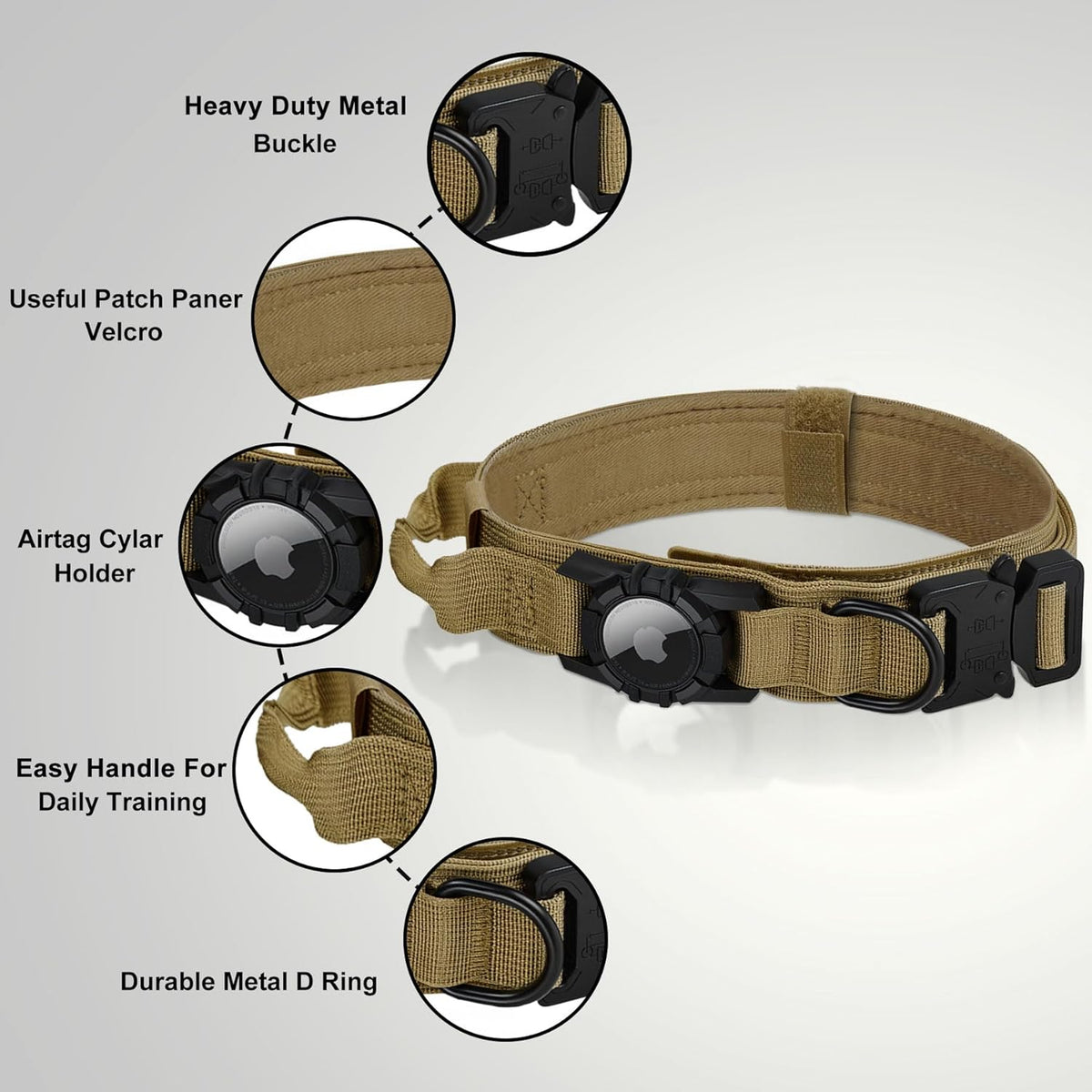 Tactical AirTag Dog Collar Leash Set - Heavy Duty, Adjustable GPS Collar Compatible with Apple AirTag, with Holder & Control Handle for Medium/Large Dogs [ Brown, L ]