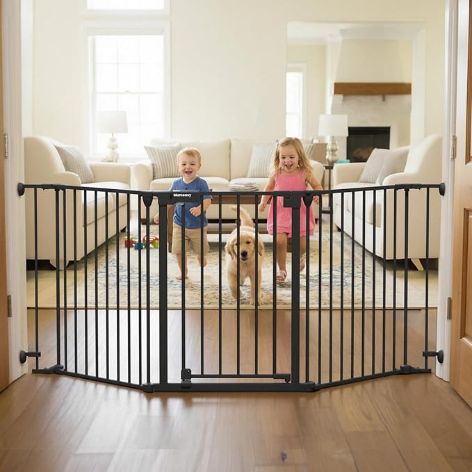 Mumeasy 80" Extra Wide Baby Gate for Doorways, Stairs & Fireplace, Auto Close Dog & Pet Gate with Walk Thru Door, 3 Metal Panels, Hardware Mounted Child Safety Fence for House, Indoor/Outdoor, Black