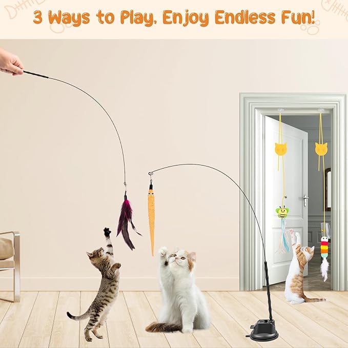 Depets Cat Wand Toy, 15 Pcs Interactive Cat Feather Toys for Indoor Self Play & Exercise, 2 Play Modes Kitten Teaser Wand, Reusable Suction Cup Kitten Toys
