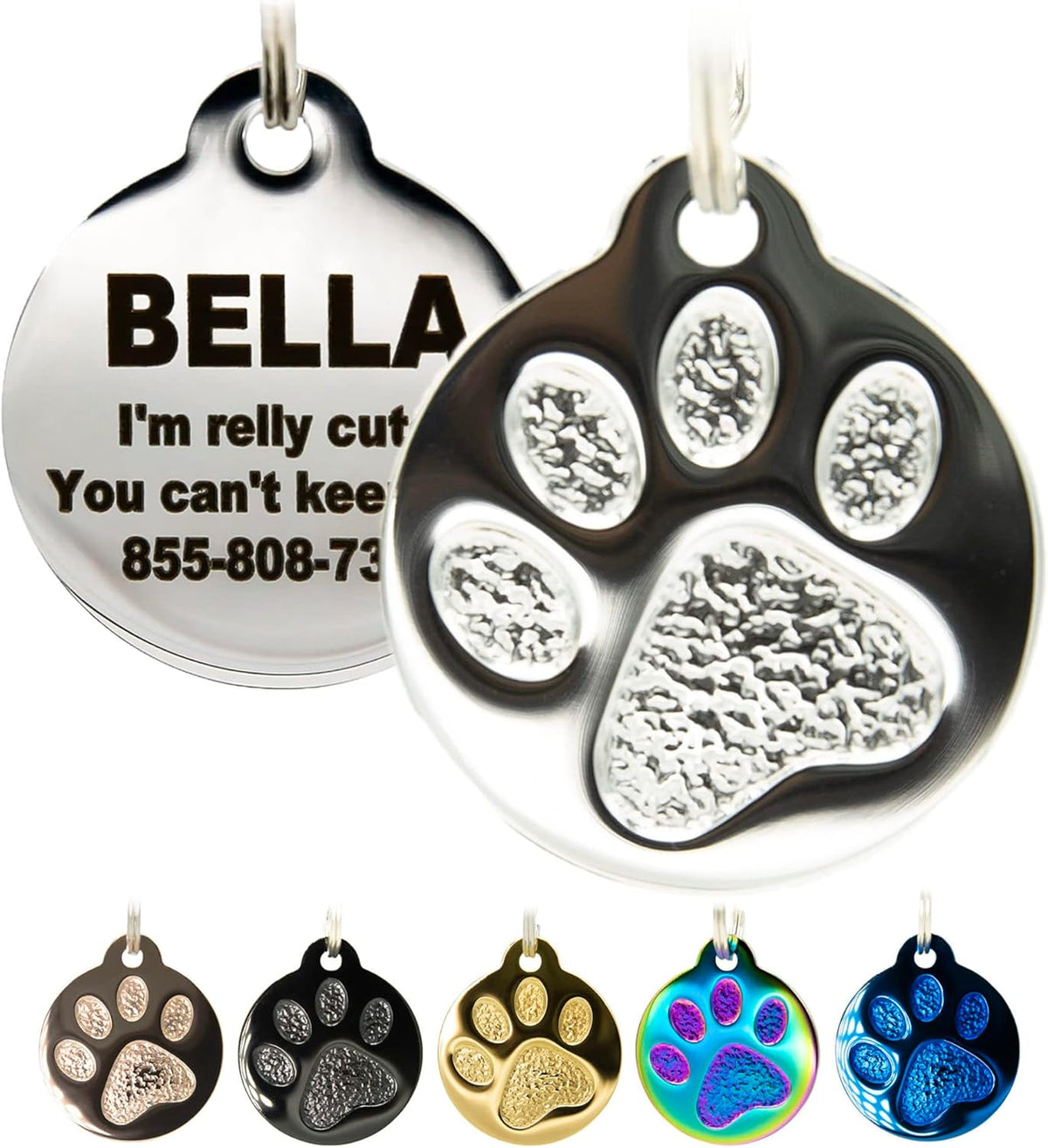 Engraved Pet Tag for Dogs and Cats - Personalized Front & Back up to 4 Lines of Text Custom Engraved ID, Round Paw Print Solid Plating Stainless Steel Silver Small