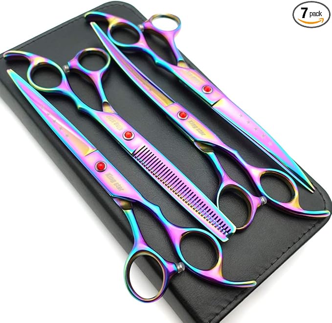 KINGSTAR 7.0in Titanium Rainbow Professional Pet Grooming Scissors Set,Straight & Thinning & Curved Scissors 4pcs Set for Dog Grooming,(Rainbow)