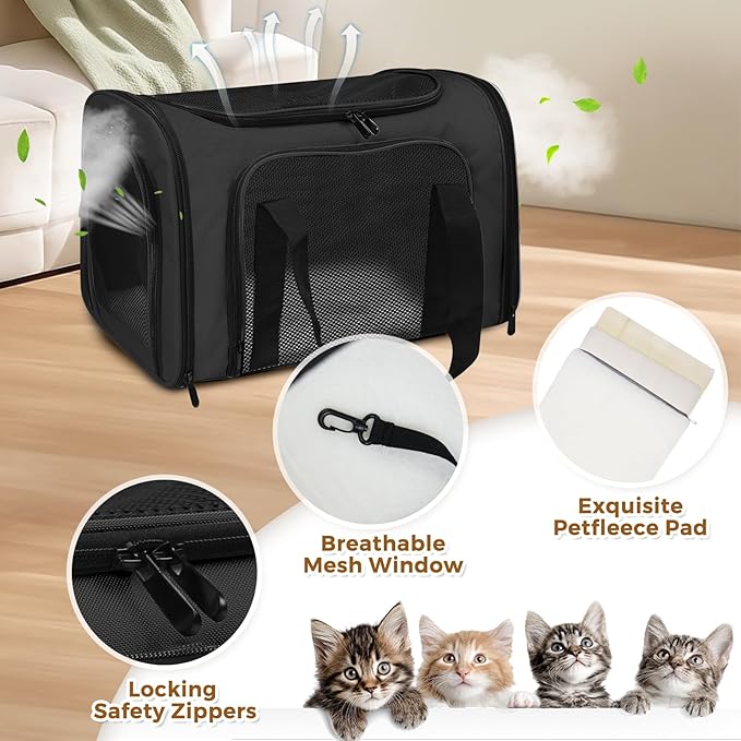 Cat Carrier Soft for Pets Up to 25 Lbs, Cat Travel Bag Soft-Sided with Padded Shoulder Strap, Pet Dog Carriers for Small Dogs Travel Puppy Carry Airline Approved, Black