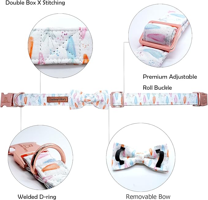 Lionheart glory Easter Dog Collar with Bow Tie Carrot Print Dog Collar Girl or Boy Soft Durable Adjustable Collar Bows Spring Collar Dog Bow for Large Dogs