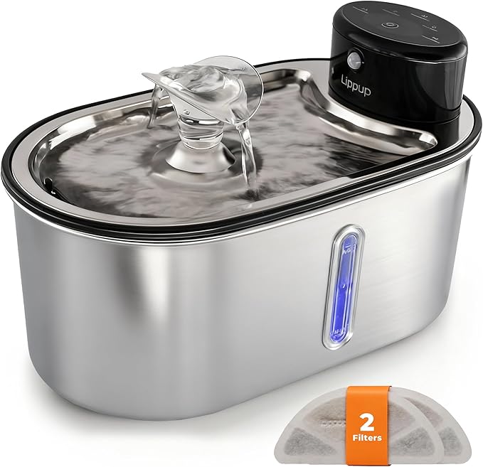 Wireless Cat Water Fountain Stainless Steel 108oz/3.2L, Cordless, Battery Operated Cat Fountain (Last up to 50 Days), Ultra Quiet, 2 Flow Modes, Multi-Filtration, BPA Free, Includes 2 Filters - Black