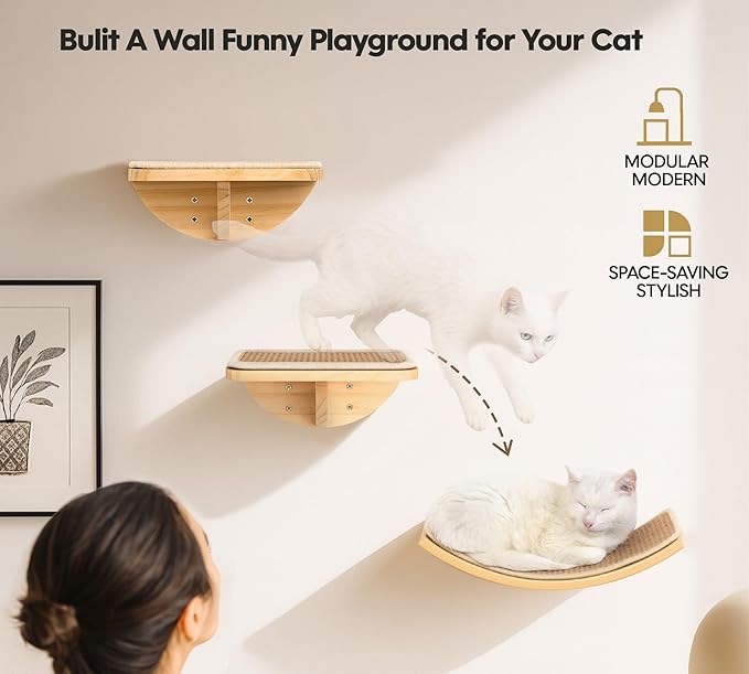Wood Cat Wall Shelves with Sisal Cats Window Perch, Wall Mounted 4-Piece Cat Climbing Set with Curved Bed, Flat Perch and Sisal-Covered Steps